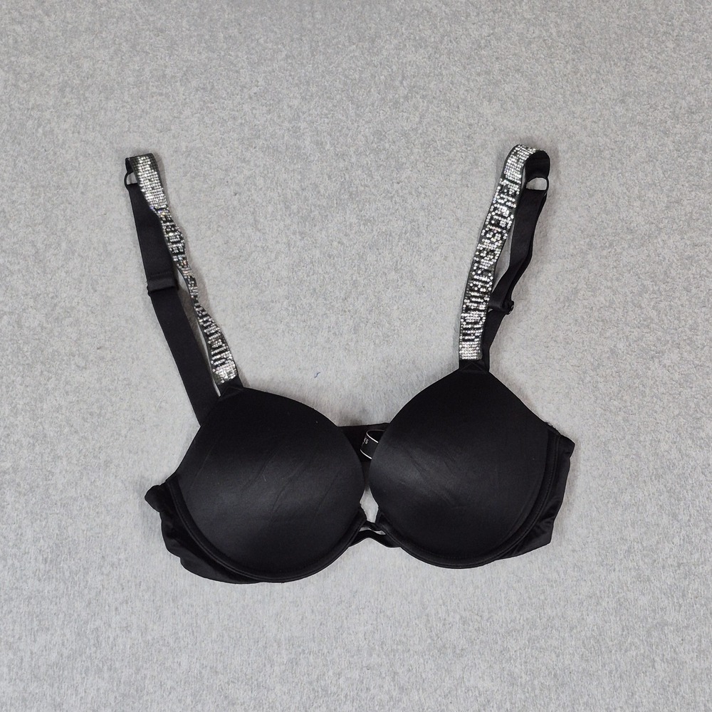 Victoria's Secret Women Bra 32C Black Very Sexy Push Up Rhinestone Straps READ